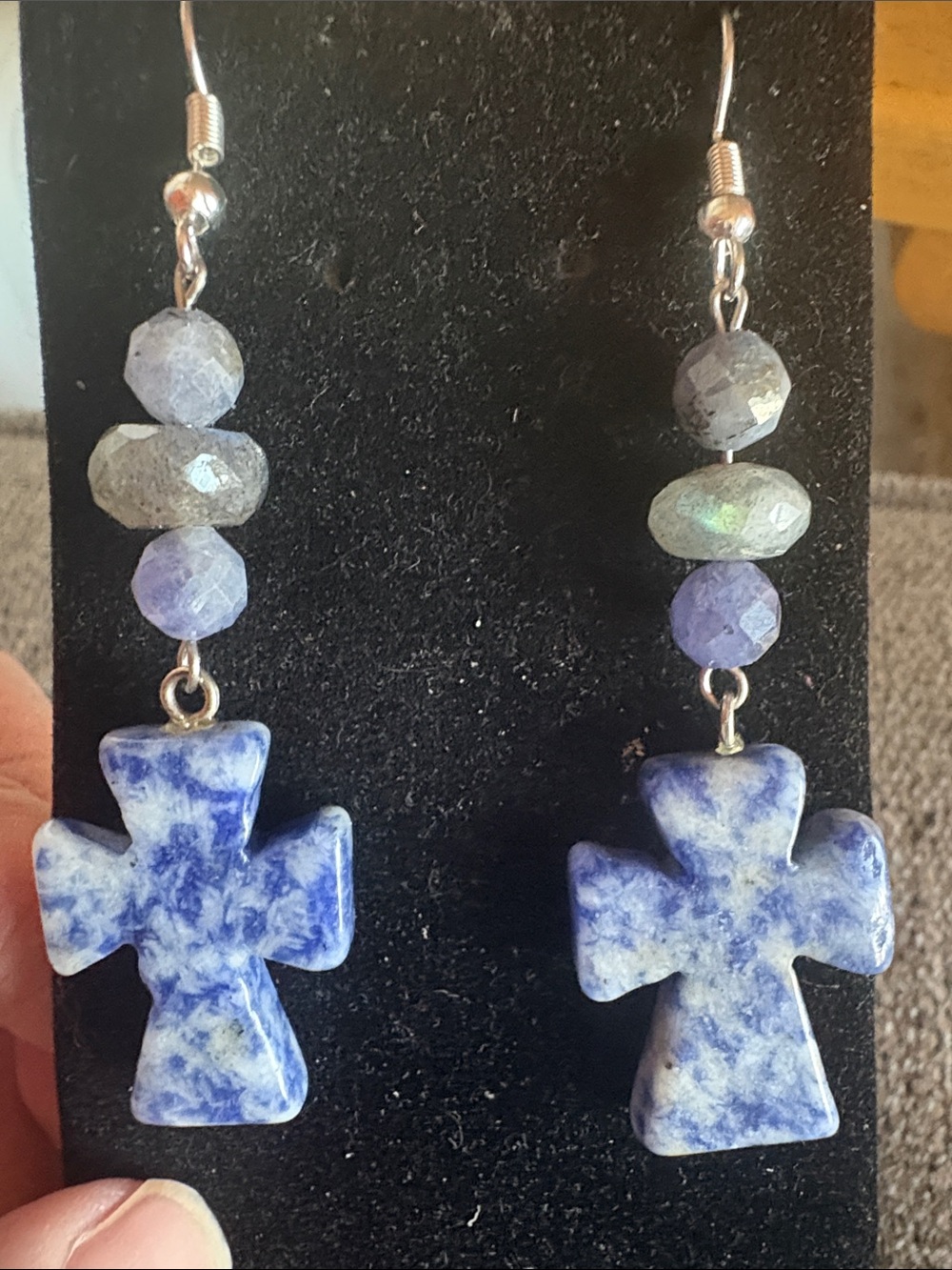 Labradorite & Sodalite Cross Drop Earrings - Blue